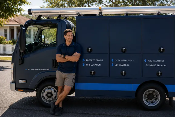 Our plumber with the service van on a Breakfast Point job