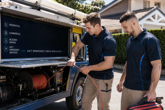 Two plumbers working on a blocked drain in Breakfast Point