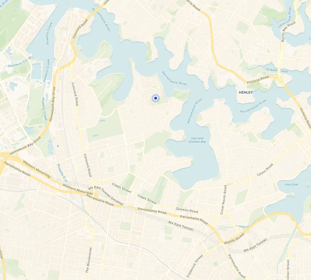 Map of the Breakfast Point service area and the surrounding Inner West, showing Breakfast Point and the nearby streets we cover.