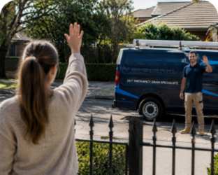 Customer waving goodbye to a Breakfast Point Blocked Drains plumber